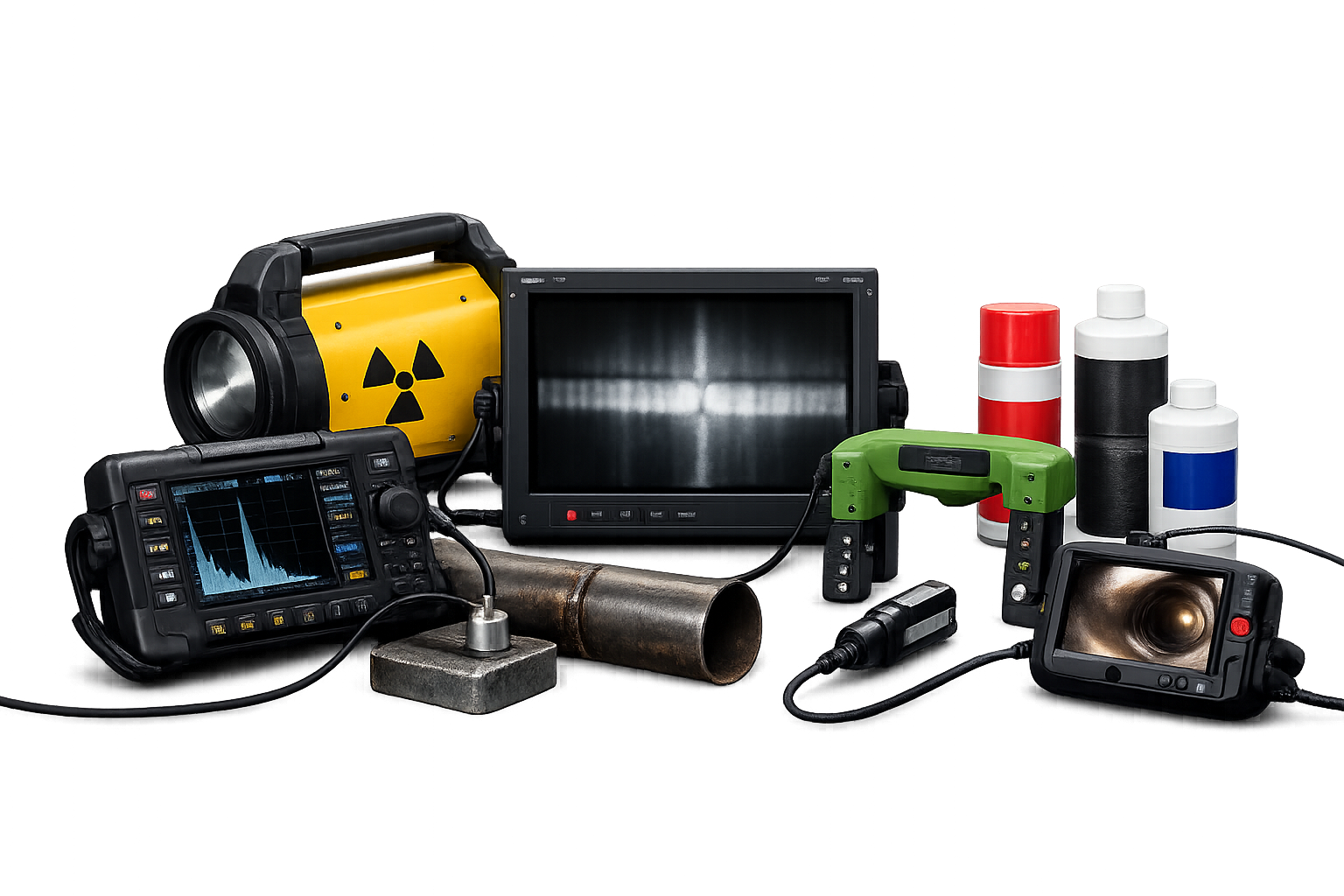 Complete Non-Destructive Testing (NDT) equipment category featuring ultrasonic, radiography, magnetic particle, penetrant, eddy current, and visual inspection tools for industrial testing